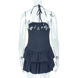 Elegant Sexy Low-Back Halter Neck Pleated A-Line Dress for Women