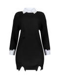 Ripped Casual Loose Solid Color Fashion Turndown-Collar Irregular Mini Dress