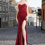 Spring Sequin Side Slit Strapless FishBoned Evening Dress