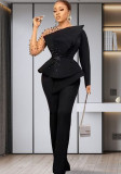 African Plus Size Women's Solid Color Beaded Mesh Casual Fashion Pants Set