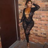 Fashion Lace Solid Color See-Through Slim Sexy Long-Sleeved Jumpsuit for Women