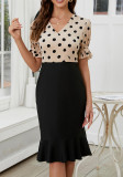 Fashionable Puff Sleeve Trendy Polka Dot Contrast Color Ruffle High-Waist Bodycon Dress