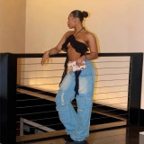 Women's Fashion Street Trendy Cut Straight-Leg Loose Denim Multi-Pocket Trousers