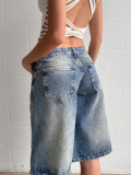 Fashion Street Star Patch Low-Waist Wide-Leg Mid-Length Denim Pants