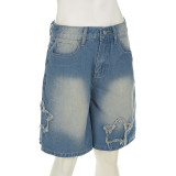 Fashion Street Star Patch Low-Waist Wide-Leg Mid-Length Denim Pants