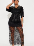 Fashion Loose V-Neck Hollow Lace Patchwork Casual Short-Sleeved Long Dress for Women