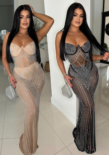 Sexy Fashion Sleeveless Beaded Straps Low-Back Slim Fishtail Dress