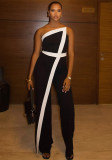 Casual Career Women's Clothing Black and White Contrast Patchwork Slim Slash Shoulder Low-Back Long Jumpsuit
