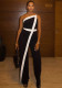 Casual Career Women's Clothing Black and White Contrast Patchwork Slim Slash Shoulder Low-Back Long Jumpsuit