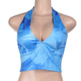 Sexy Holidays Printed Halter Neck Straps Top  & Mesh Skirt Set