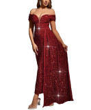 Women's Chic Sexy Sequin Off-Shoulder Solid Color Party Dress