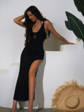 Straps Sexy Knitted Beach Cover-Up Low-Back Slit V-Neck High-Waist Slim Dress