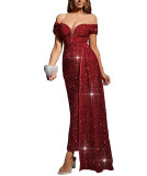 Women's Chic Sexy Sequin Off-Shoulder Solid Color Party Dress