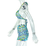 Fashion Low-Back Printed Halter Neck Top & Bodycon Shorts Two-Piece Set for Casual Holidays