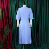 Women's Summer V-Neck Fashion Short Sleeve Solid Color Elegant Pleated African Dress