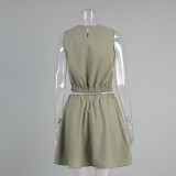 Round Neck Vest & Pleated Skirt Set Spring Summer Linen Comfortable Casual Short Skirt Set for Women