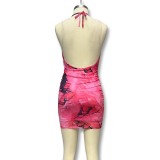Fashion Sexy Contrast Print Strap Slim Waist Bodycon Dress for Women