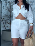 Women's Chic Elegant Solid Color Loose Long Sleeve Open-Waist Shirt & High-Waist Shorts Set