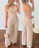 Summer Sexy Low-Back Strap V-Neck Short Vest & Drawstring High-Waist Straight-Leg Trousers Casual Set