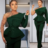 African Plus Size Women's Solid Color Beaded Mesh Casual Fashion Pants Set