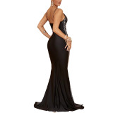Fashionable Women's Straps Sleeveless Beaded Sexy Low-Back Long Dress