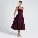 Spring Women's Square Neck Strap Retro Slim Midi Dress