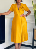 Women's Summer V-Neck Fashion Short Sleeve Solid Color Elegant Pleated African Dress