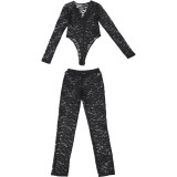 Winter Women Sexy V-Neck Long Sleeve Top & Slim Trousers Set