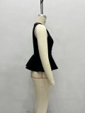 Women's Summer Professional Chic Round Neck Sleeveless Lace Slim Waist Puff Sleeve Top