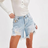 Summer Women's Tassel Ripped Denim Knee-Length Shorts