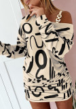 Chain Patchwork Off-Shoulder Printed Drawstring-Pleated Dress