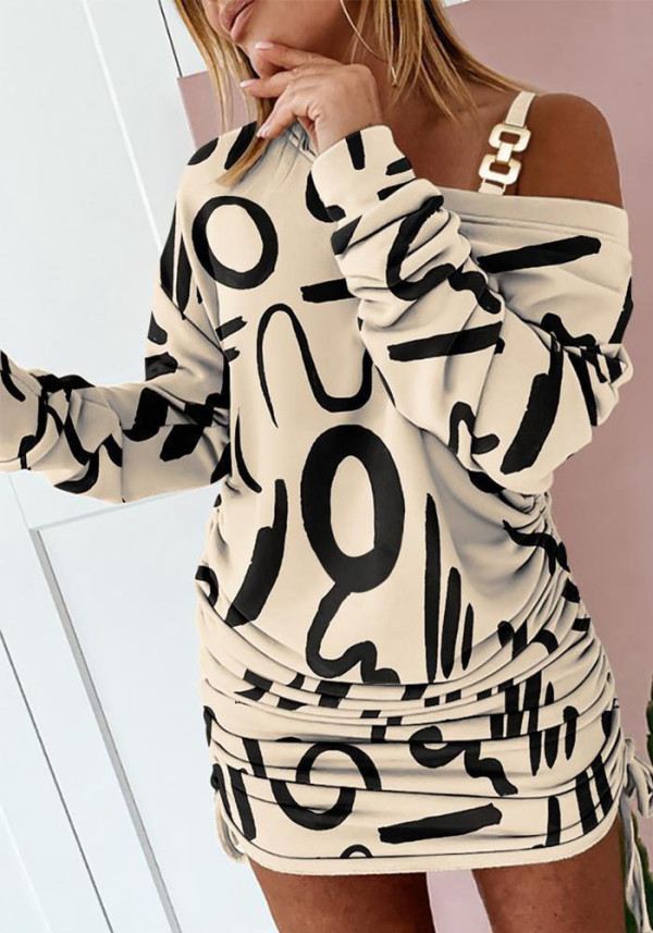 Chain Patchwork Off-Shoulder Printed Drawstring-Pleated Dress