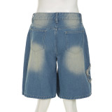 Fashion Street Star Patch Low-Waist Wide-Leg Mid-Length Denim Pants