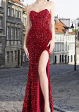 Spring Sequin Side Slit Strapless FishBoned Evening Dress