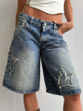 Fashion Street Star Patch Low-Waist Wide-Leg Mid-Length Denim Pants