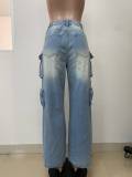 Women's Fashion Street Trendy Cut Straight-Leg Loose Denim Multi-Pocket Trousers