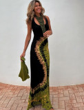 Summer Sexy Women's Printed Strap Low-Back Cross Long Dress