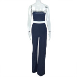 Casual Career Women's Clothing Black and White Contrast Patchwork Slim Slash Shoulder Low-Back Long Jumpsuit