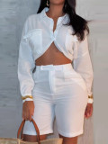 Women's Chic Elegant Solid Color Loose Long Sleeve Open-Waist Shirt & High-Waist Shorts Set