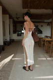 Straps Sexy Knitted Beach Cover-Up Low-Back Slit V-Neck High-Waist Slim Dress