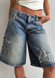 Fashion Street Star Patch Low-Waist Wide-Leg Mid-Length Denim Pants