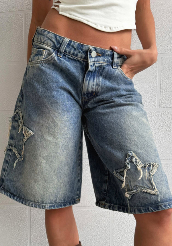 Fashion Street Star Patch Low-Waist Wide-Leg Mid-Length Denim Pants