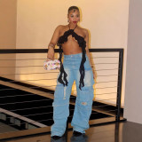 Women's Fashion Street Trendy Cut Straight-Leg Loose Denim Multi-Pocket Trousers