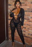 Fashion Lace Solid Color See-Through Slim Sexy Long-Sleeved Jumpsuit for Women