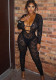 Fashion Lace Solid Color See-Through Slim Sexy Long-Sleeved Jumpsuit for Women