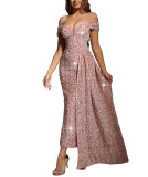 Women's Chic Sexy Sequin Off-Shoulder Solid Color Party Dress