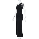 Chic Off-Shoulder Slit Dress Spring Slim Long Dress for Women
