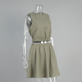 Round Neck Vest & Pleated Skirt Set Spring Summer Linen Comfortable Casual Short Skirt Set for Women
