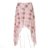 Women's Summer Mesh Plaid Print Irregular Low-Waist Skirt