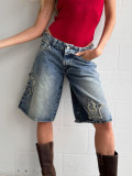 Fashion Street Star Patch Low-Waist Wide-Leg Mid-Length Denim Pants